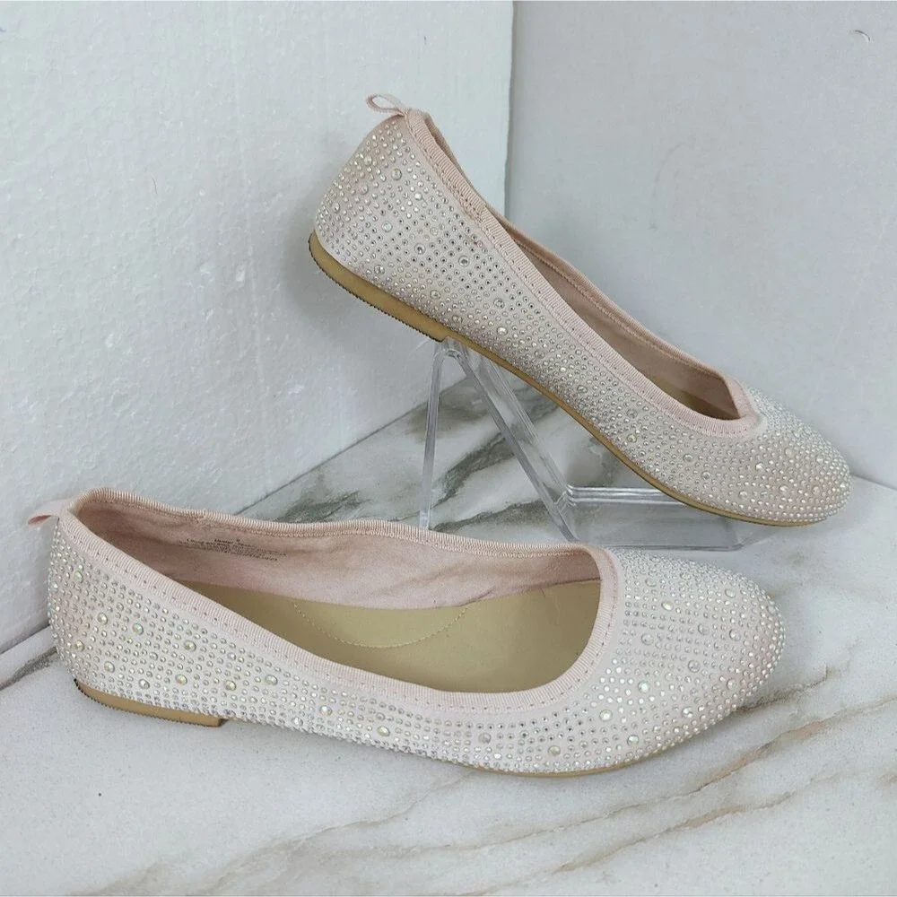 Cat & Jack Girls' Pale Pink Diamante Rhinestone Sparkly Ballet Flats, Sz 5